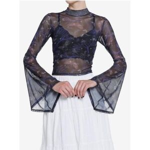 Juniors Witchy Cropped Black Mosh Mesh Top w/Bell Sleeves Size Small